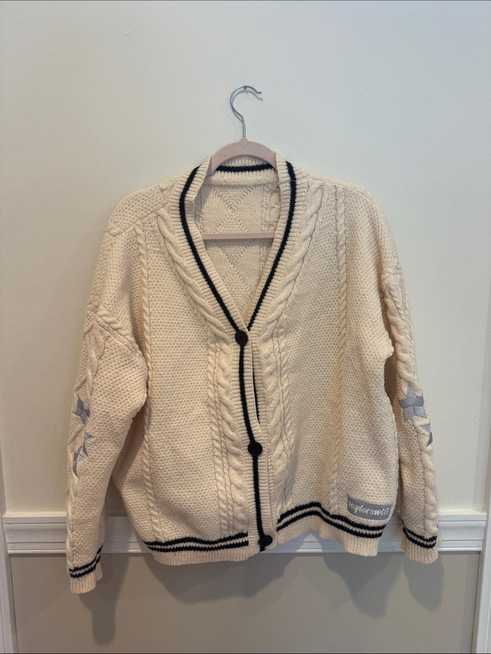 Taylor Swift Folklore Look-Alike Cream Cable Knit Cardigan with Black Trim